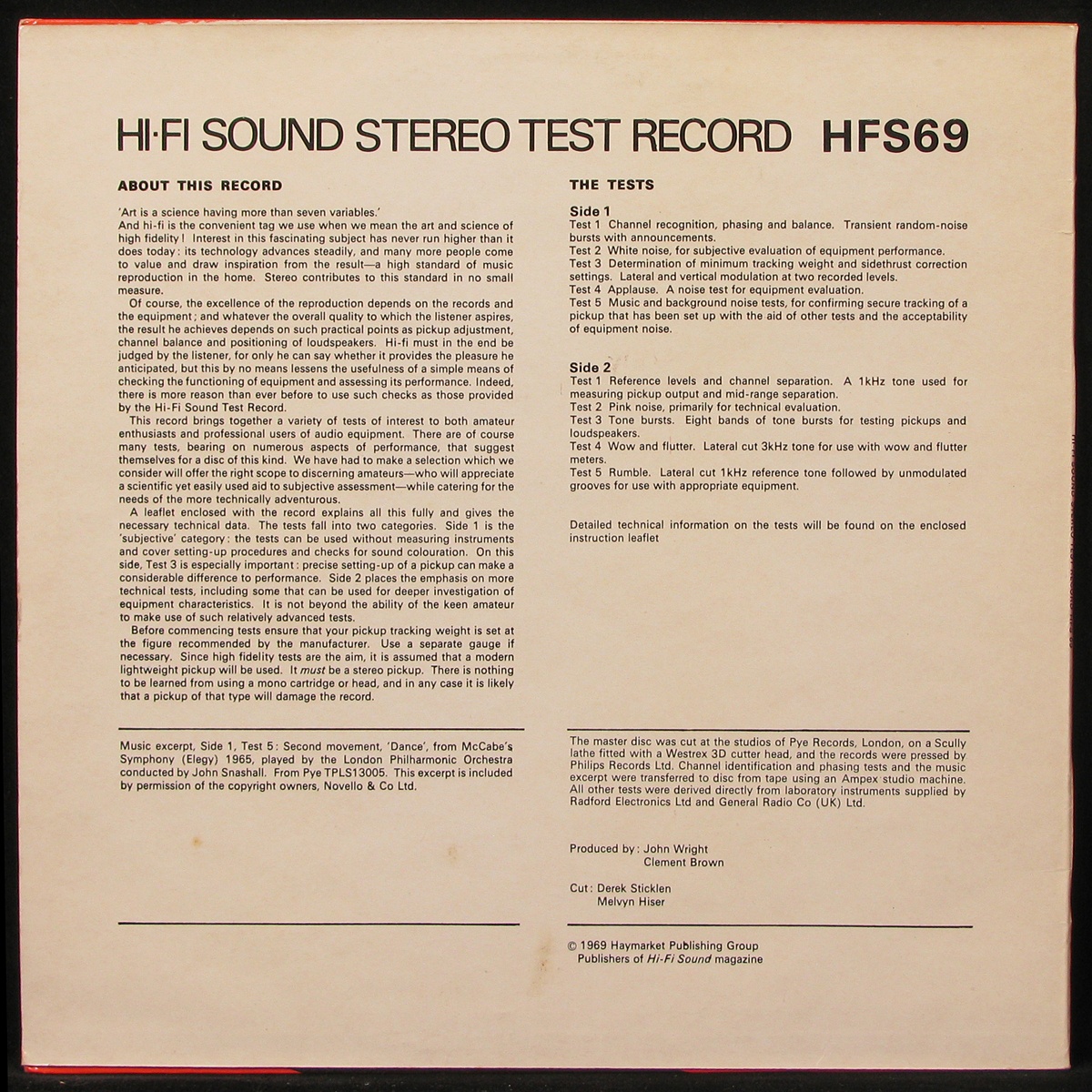 Тестовая Пластинка Hi-Fi Sound Stereo Test Record HFS69 фото 2