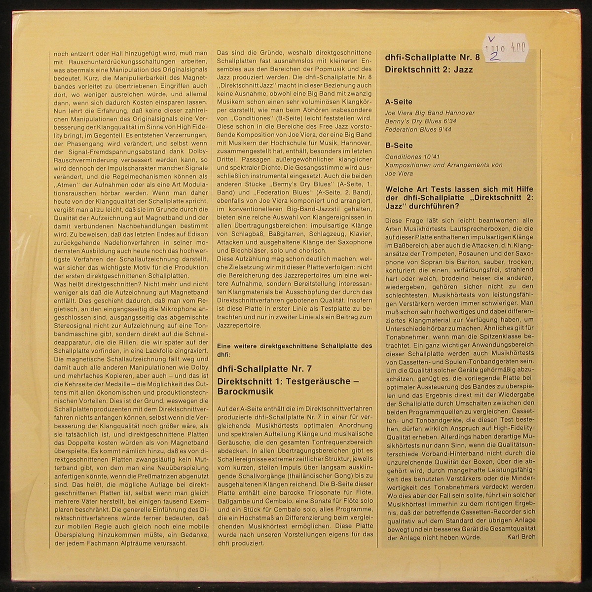 Тестовая Пластинка Die Dhfi - Schallplatte Nr.8 - Direktschnitt 2: Jazz фото 2