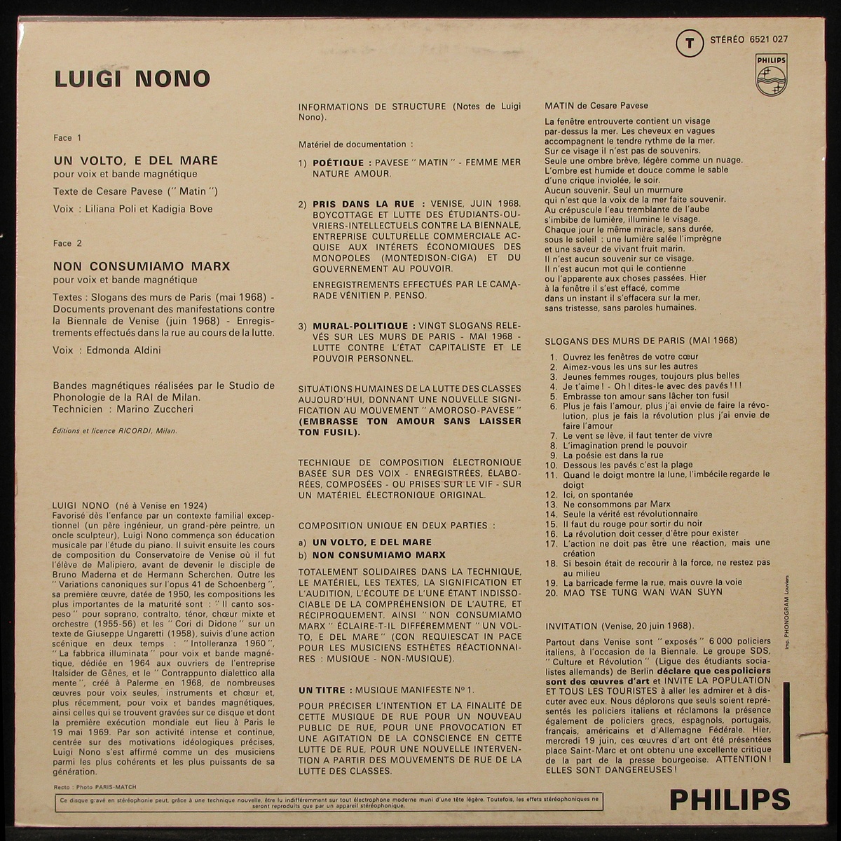 LP Luigi Nono — Un Volto, E Del Mare / Non Consumiamo Marx фото 2