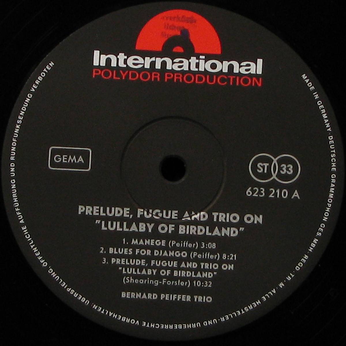 LP Bernard Peiffer — Prelude, Fugue And Trio On Lullaby Of Birdland фото 2