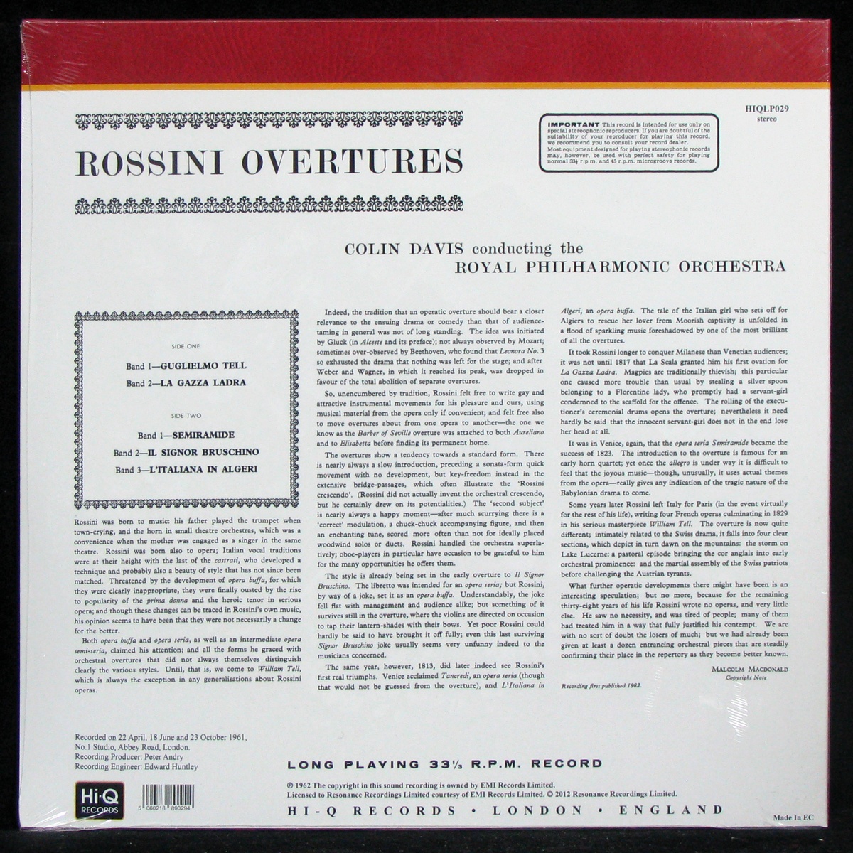 LP Colin Davis / Royal Philharmonic Orchestra — Rossini Overtures фото 2