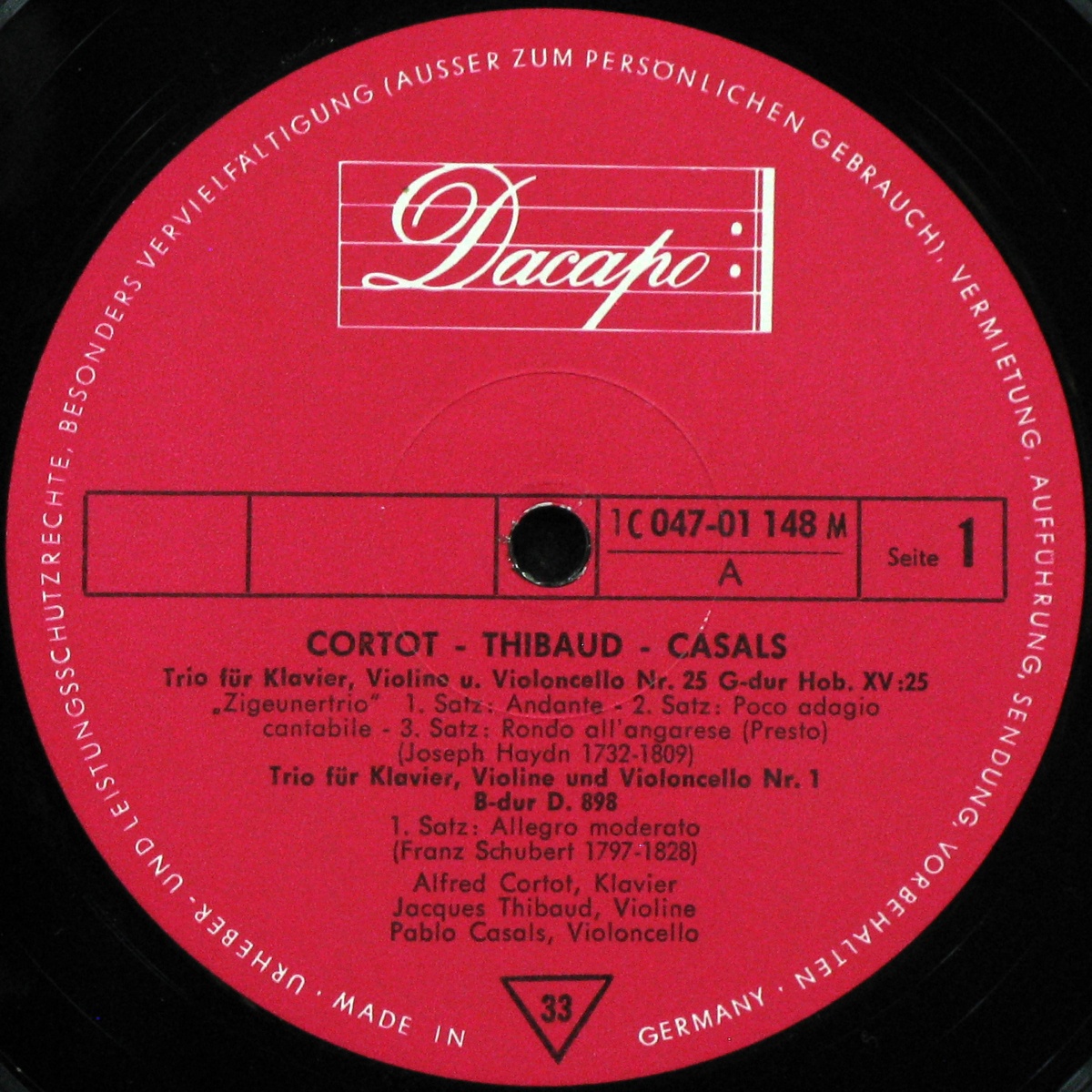 LP Cortot / Thibaud / Casals — Joseph Haydn / Franz Schubert – Trio G-Dur Hob. XV: 25 / Trio B-Dur D. 898 фото 2