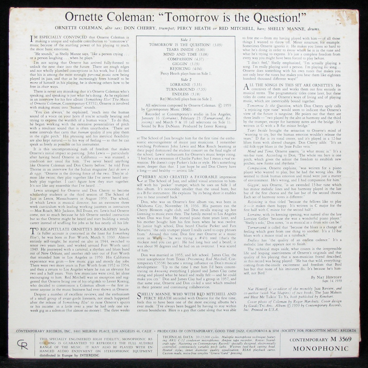 LP Ornette Coleman — Tomorrow Is The Question! (mono) фото 2