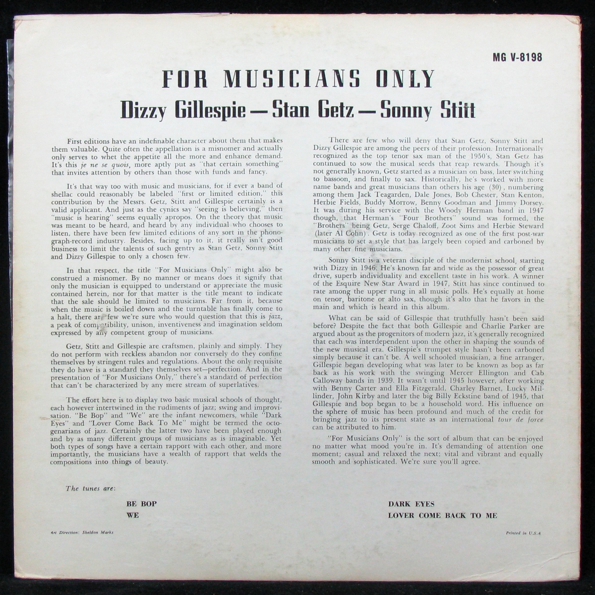 LP Stan Getz / Dizzy Gillespie / Sonny Stitt — For Musicians Only (mono) фото 2