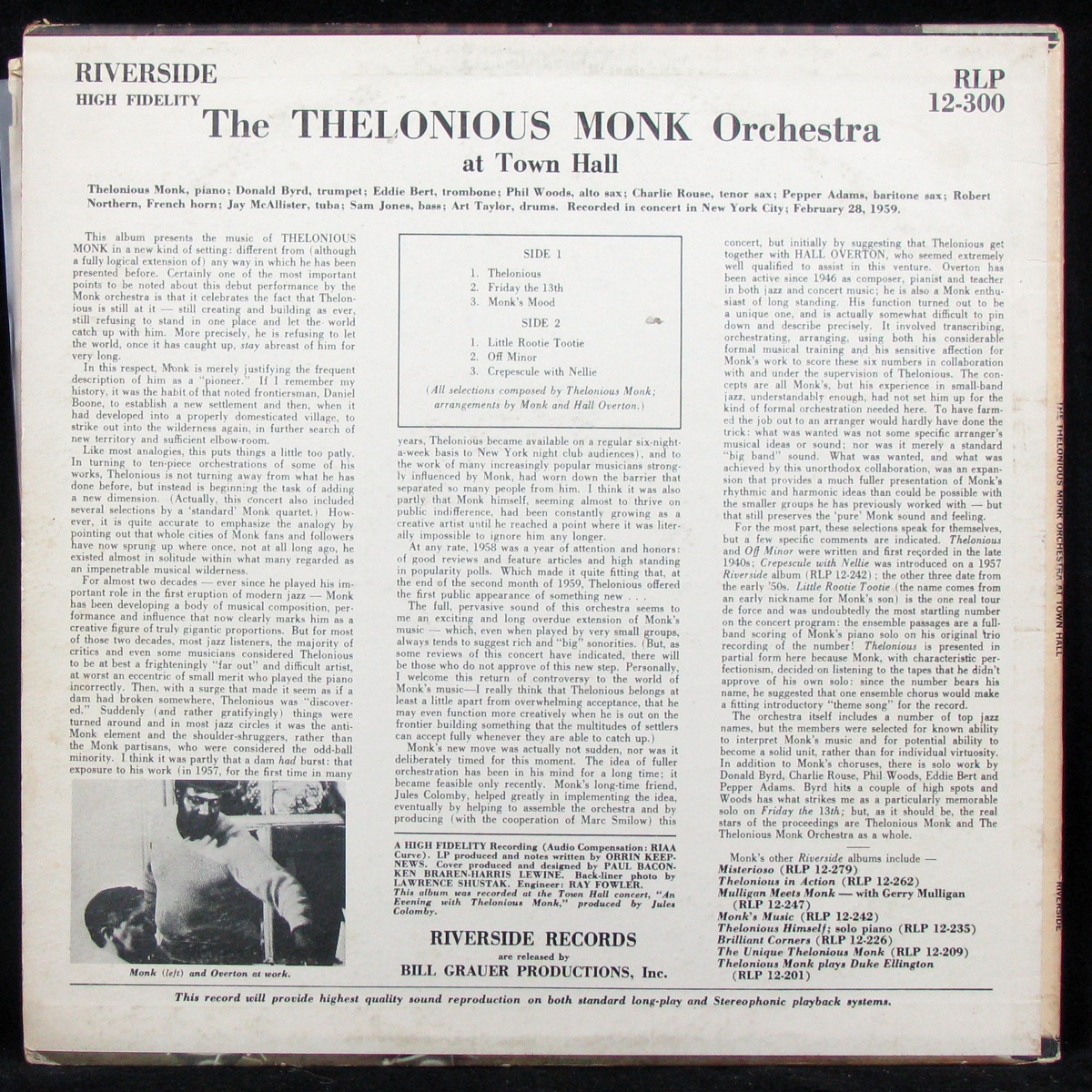 LP Thelonious Monk Orchestra — At Town Hall (mono) фото 2