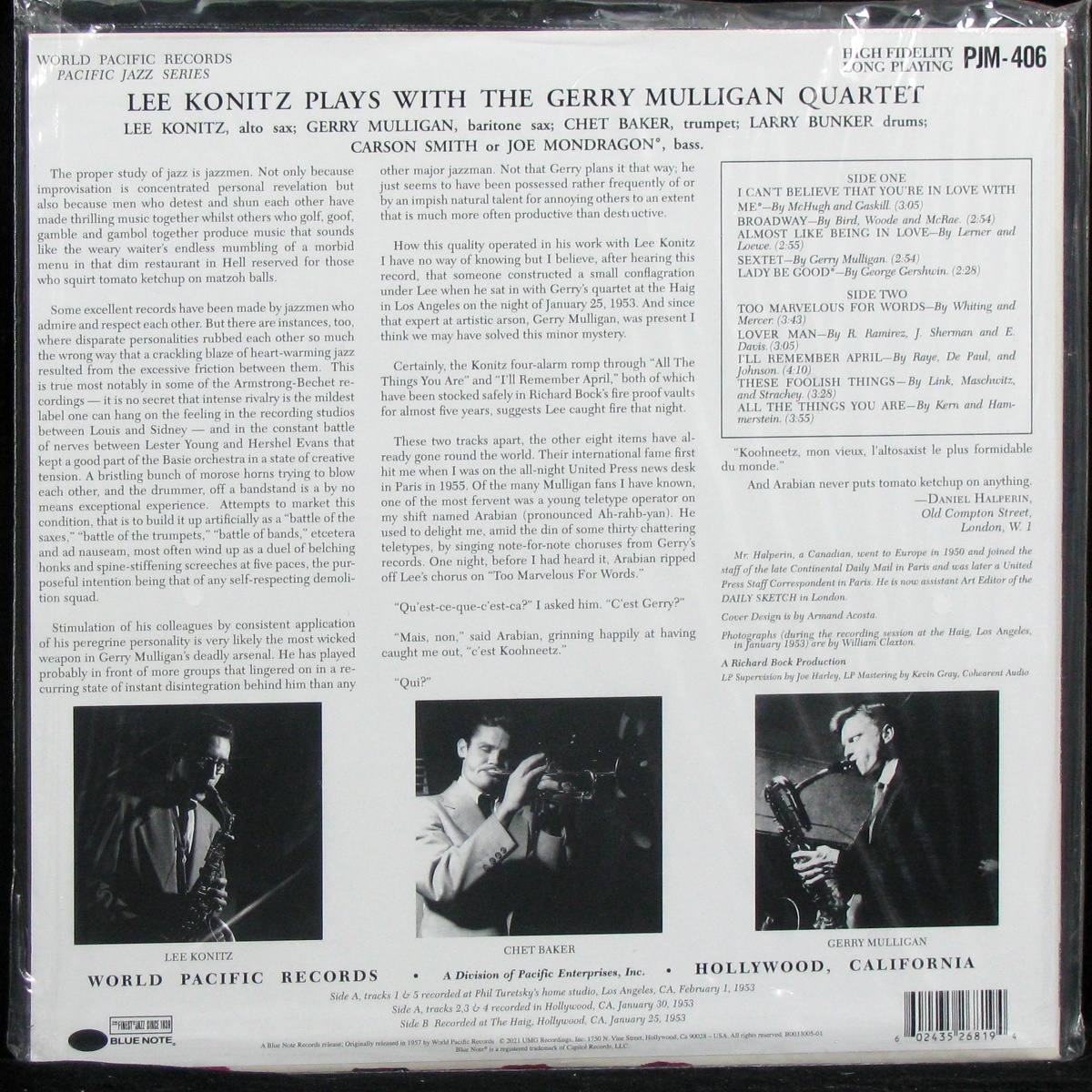 LP Lee Konitz / Gerry Mulligan — Konitz Plays With The Gerry Mulligan Quartet (mono) фото 2