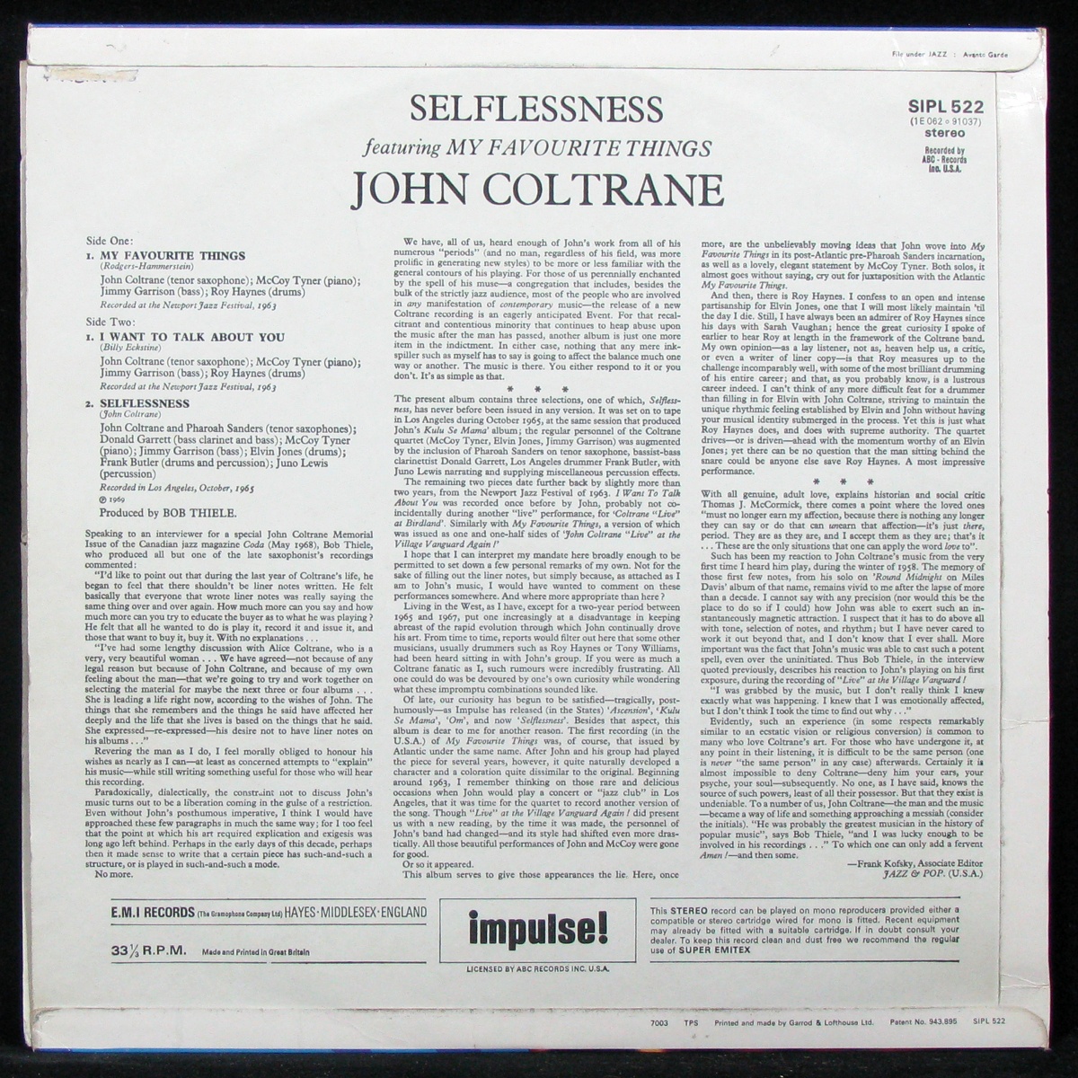 LP John Coltrane — Selflessness Featuring My Favorite Things фото 2