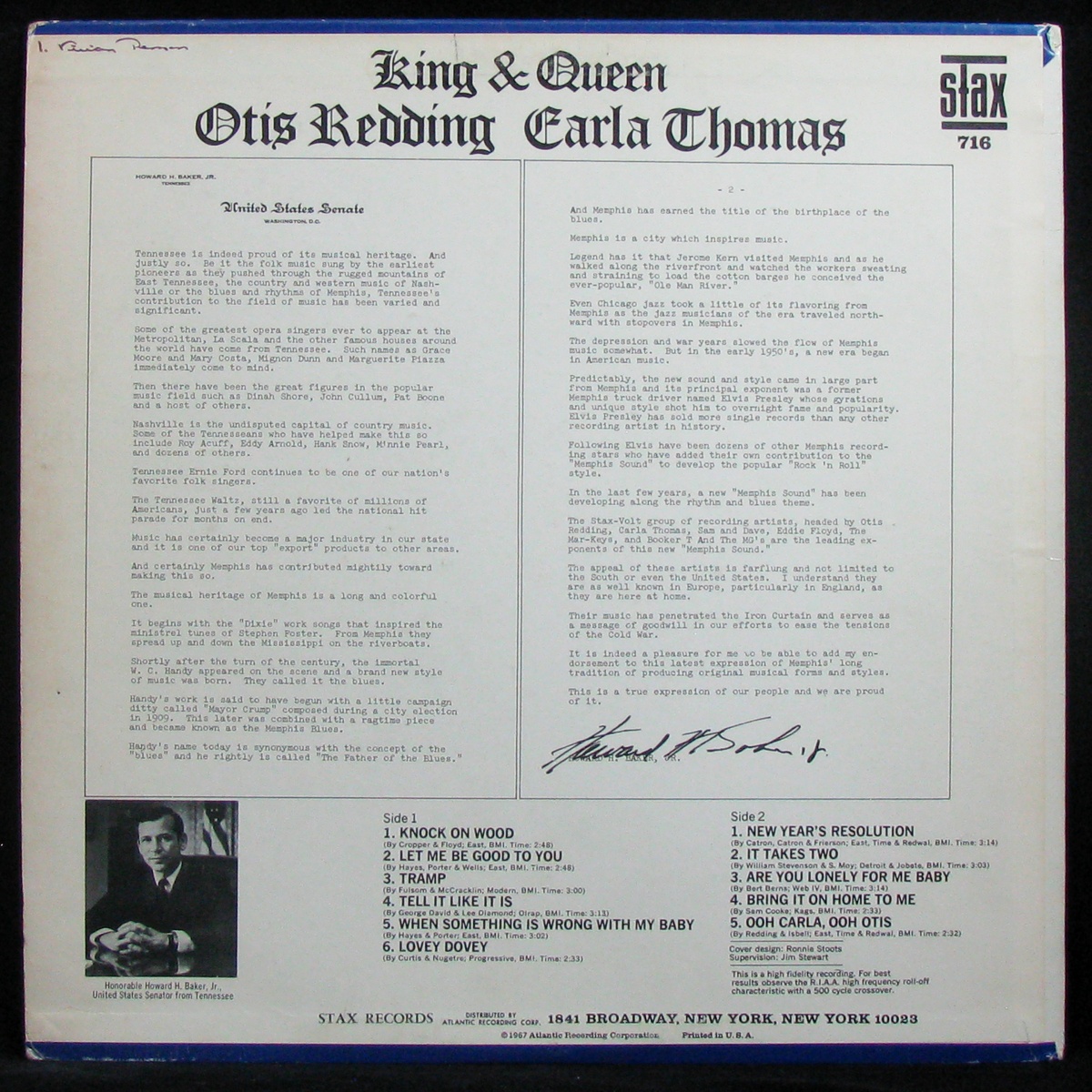 LP Otis Redding / Carla Thomas — King & Queen (promo, mono) фото 2