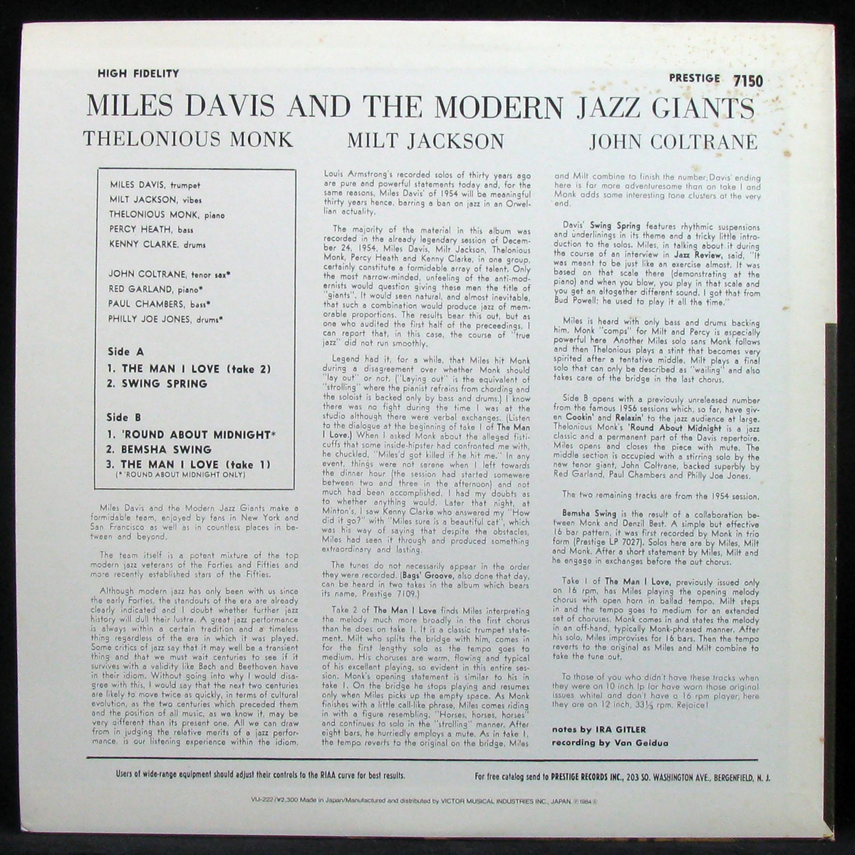 LP Miles Davis — Miles Davis And The Modern Jazz Giants (mono) фото 2