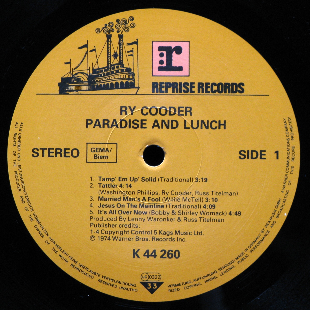 LP Ry Cooder — Paradise And Lunch фото 2