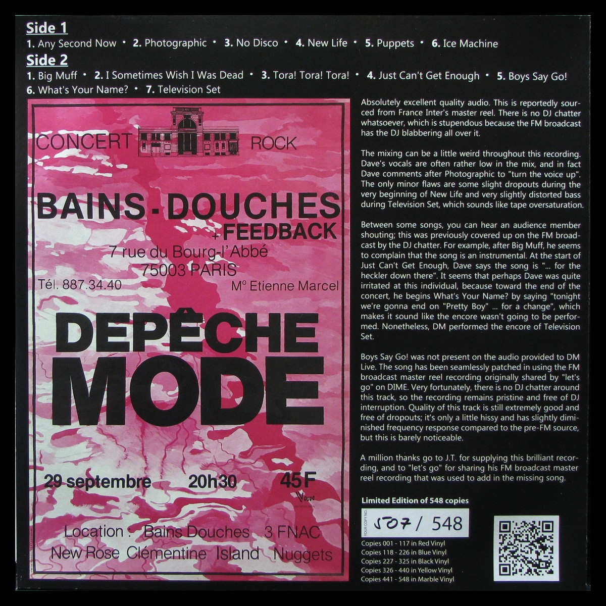 LP Depeche Mode — 29.09.1981 Les Bains Douches, Paris (coloured vinyl) фото 2