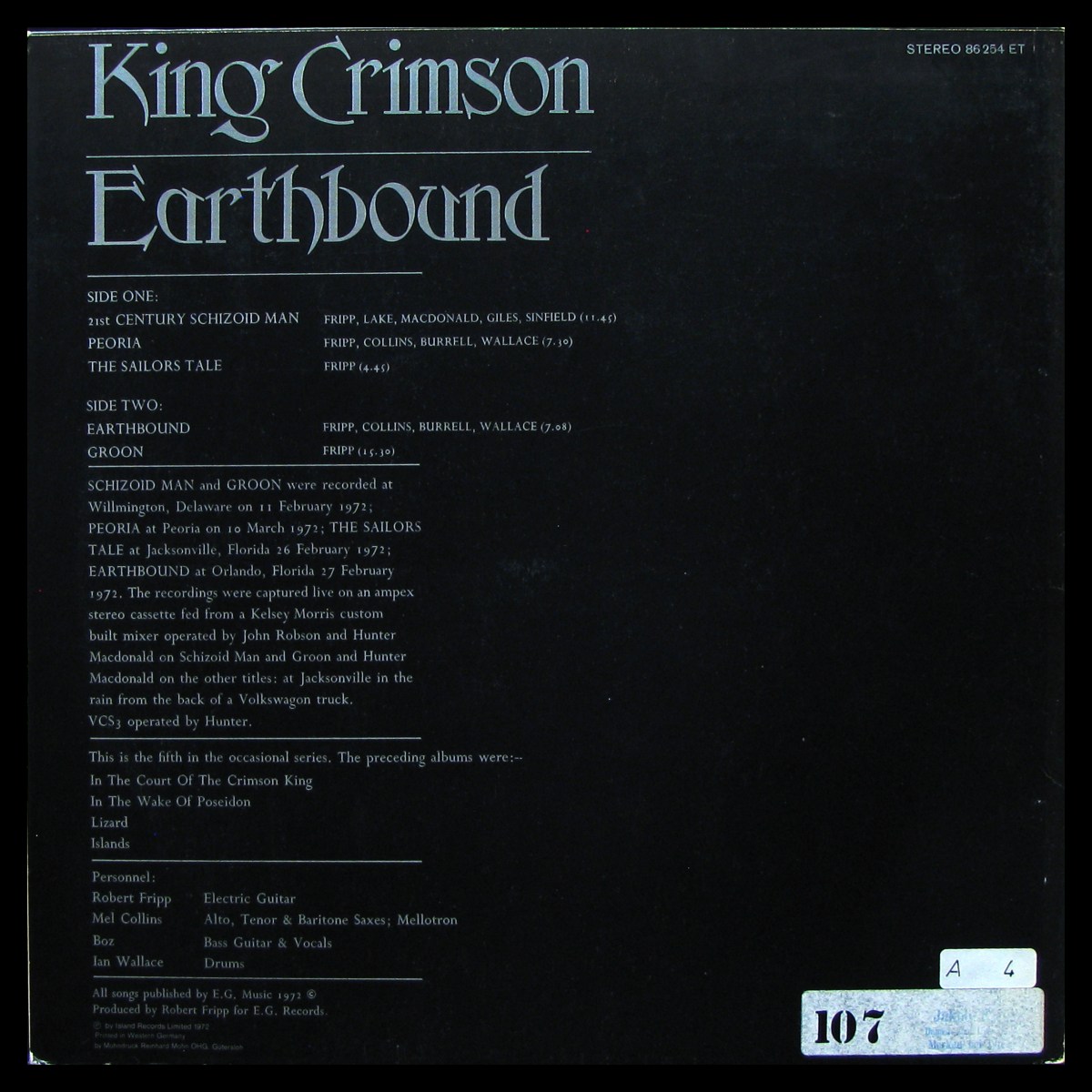 LP King Crimson — Earthbound фото 2