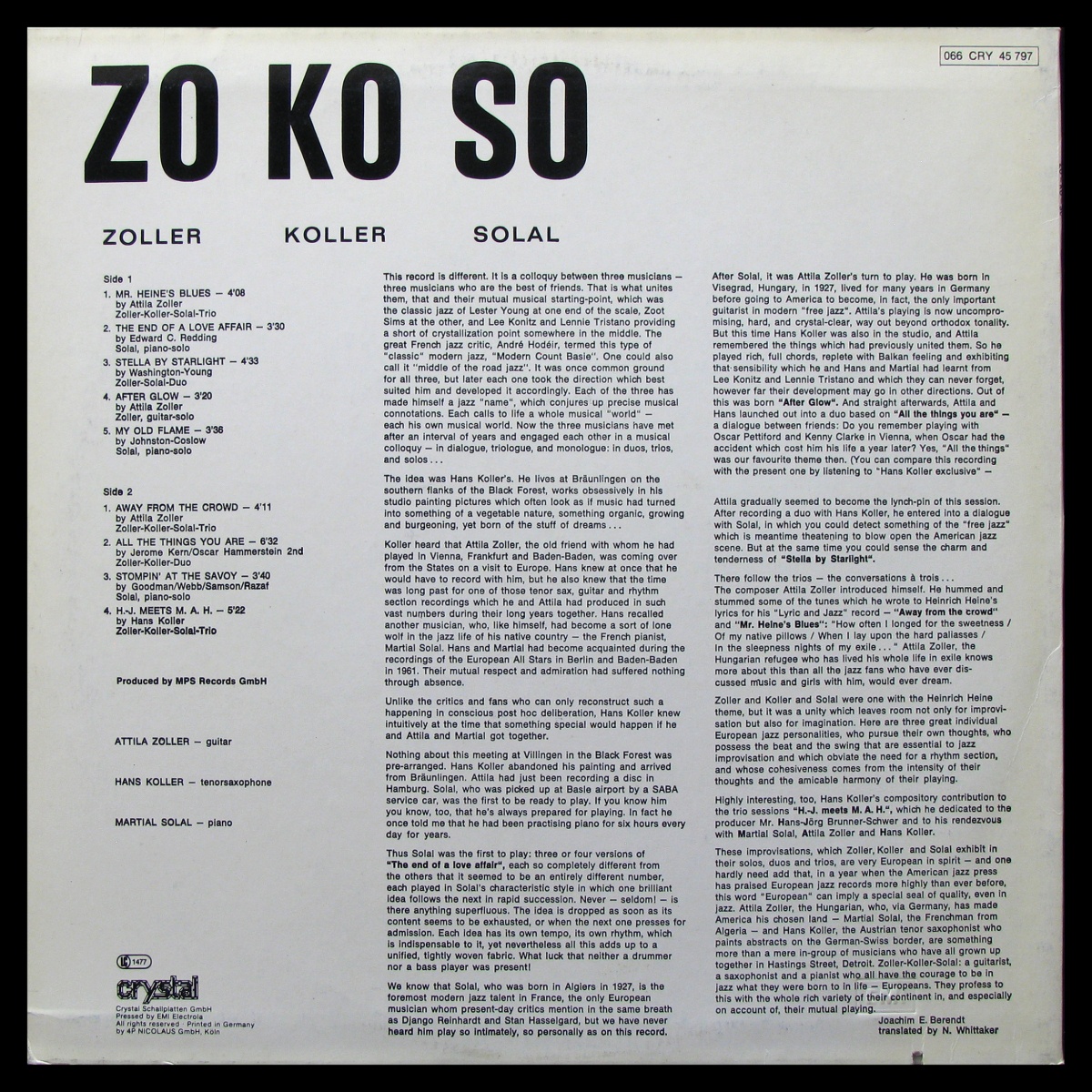 LP Attila Zoller / Hans Koller / Martial Solal — Zoller Koller Solal фото 2