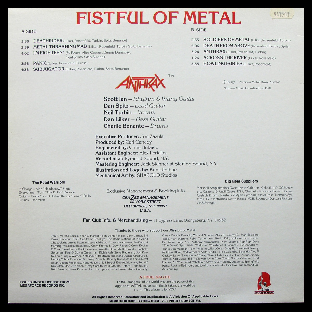 LP Anthrax — Fistful Of Metal фото 2