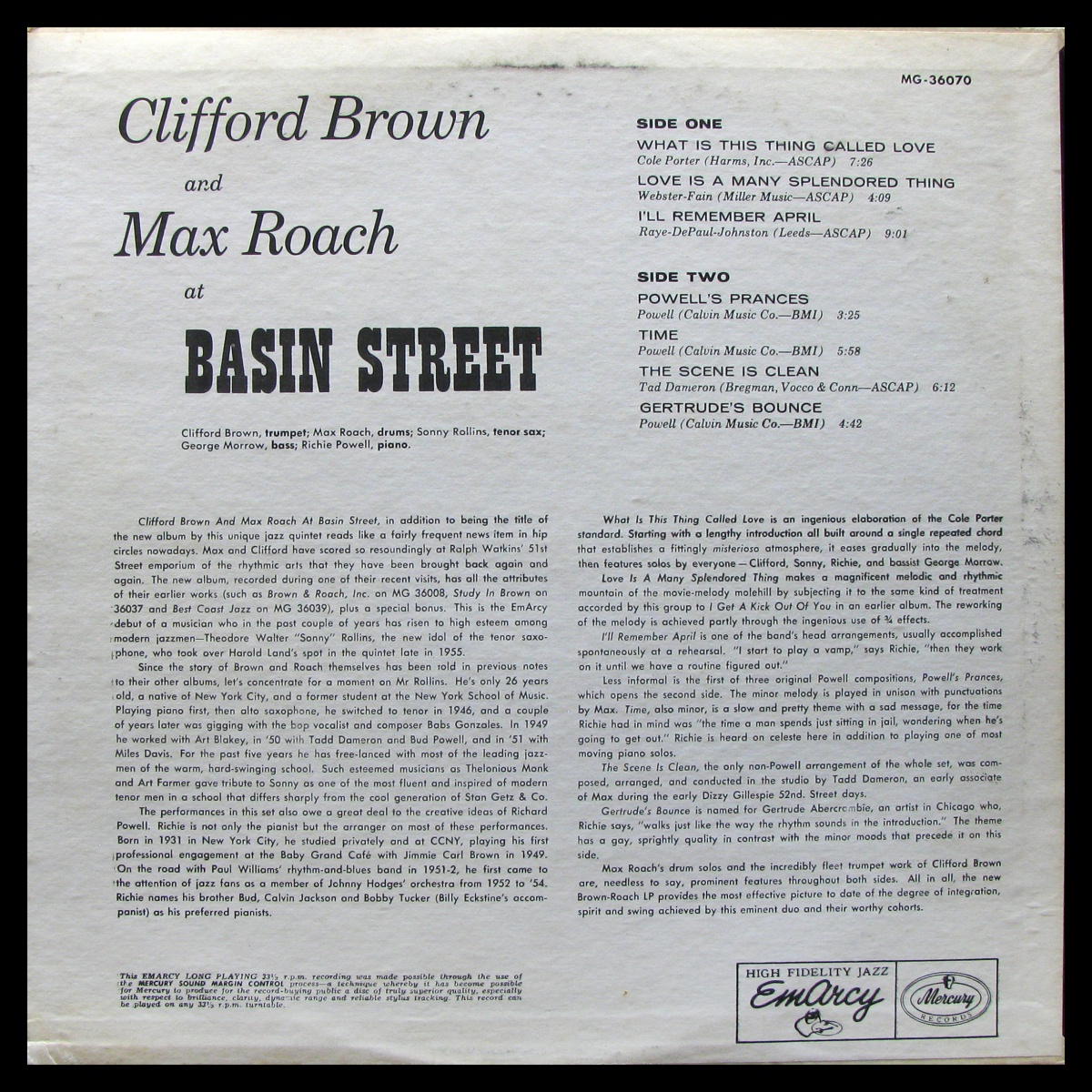 LP Clifford Brown / Max Roach — At Basin Street (mono) фото 2