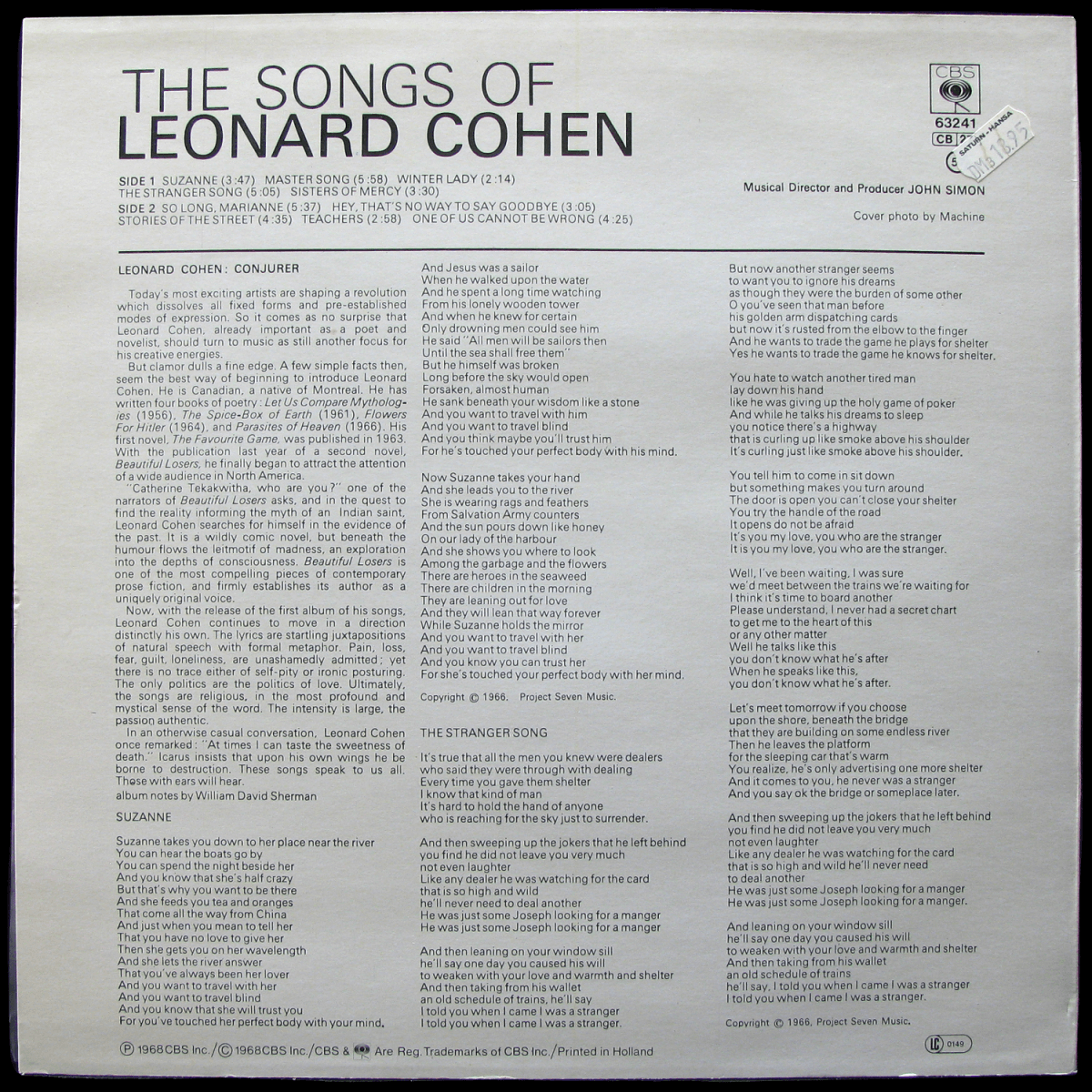 LP Leonard Cohen — Songs Of Leonard Cohen фото 2