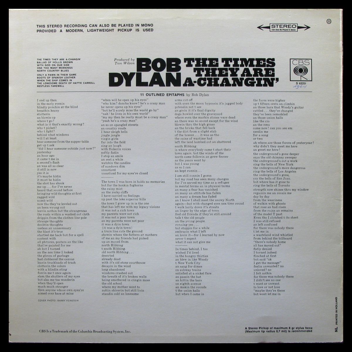 LP Bob Dylan — Times They Are A-Changin' фото 2