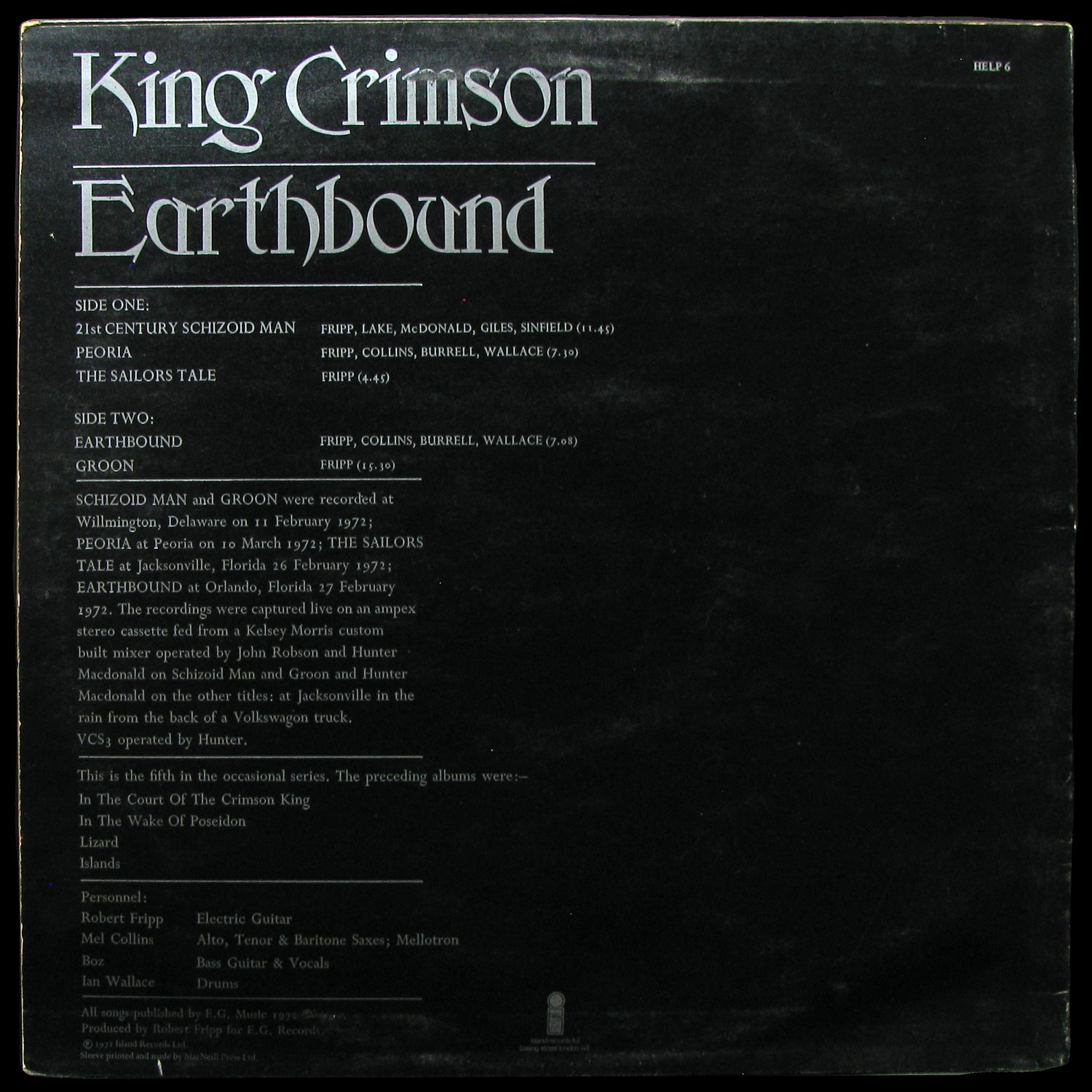 LP King Crimson — Earthbound фото 2