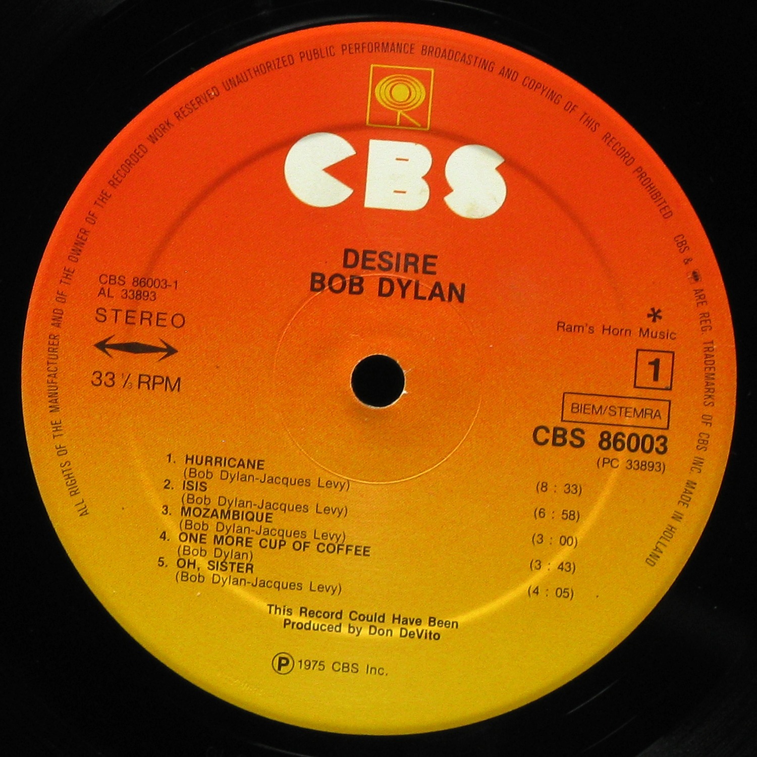 LP Bob Dylan — Desire фото 2