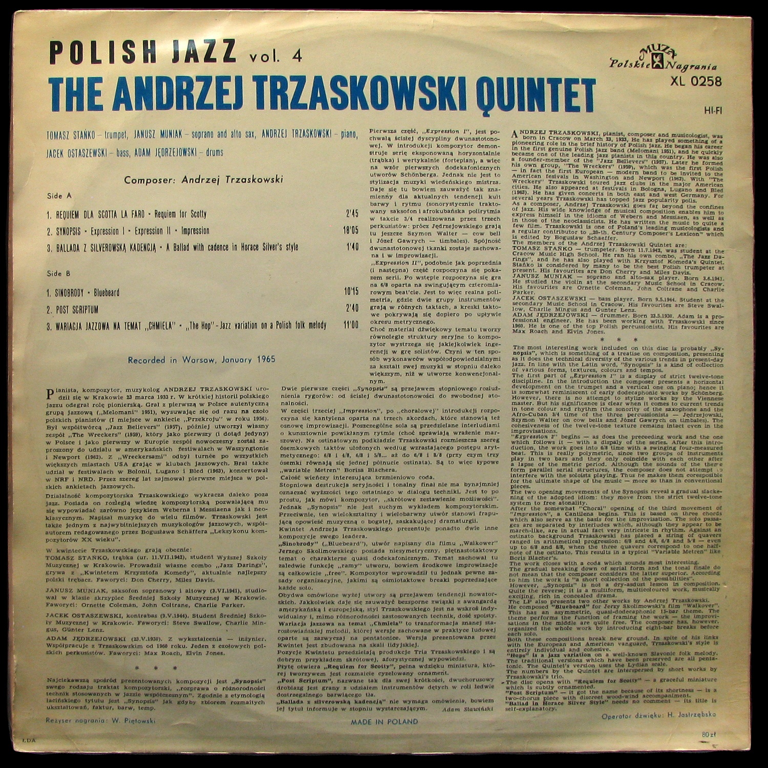 LP Andrzej Trzaskowski Quintet — Polish Jazz Vol. 4 (mono) фото 2