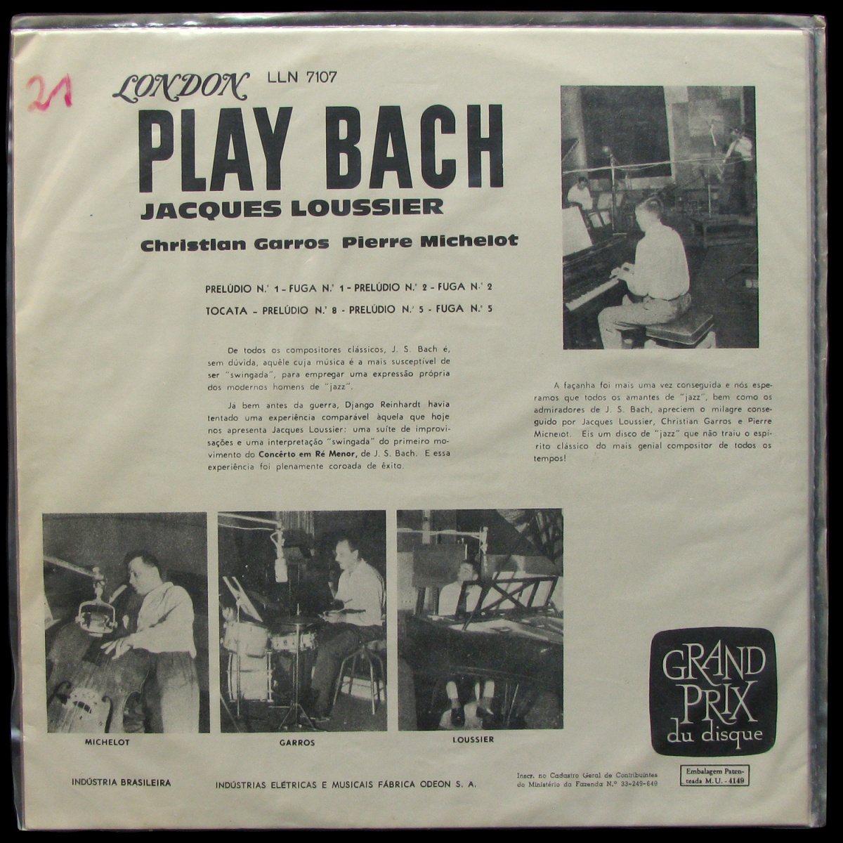 LP Jacques Loussier — Play Bach No. 1 (mono) фото 2