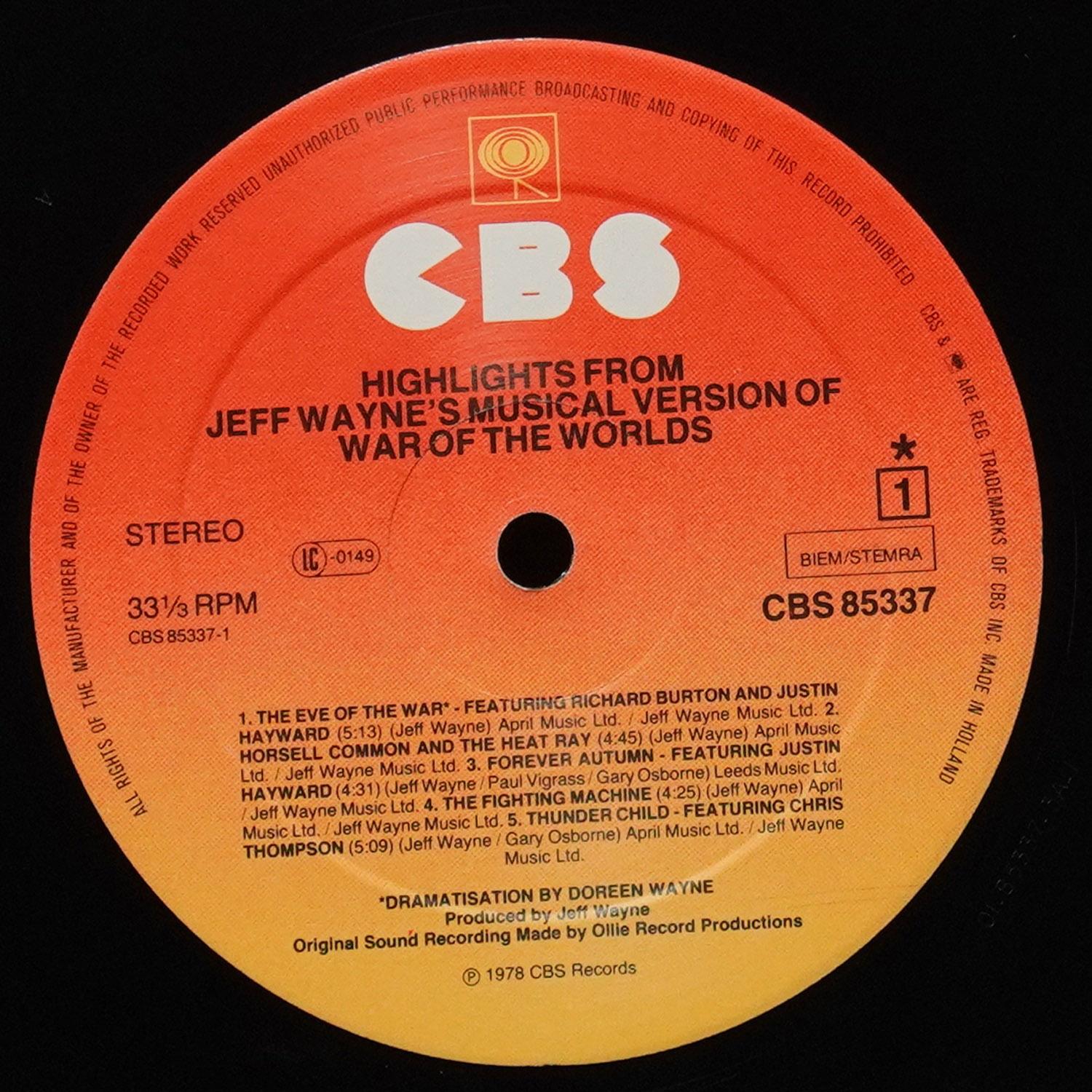 LP Jeff Wayne — Highlights From Jeff Wayne's Musical Version Of The War Of The Worlds фото 3