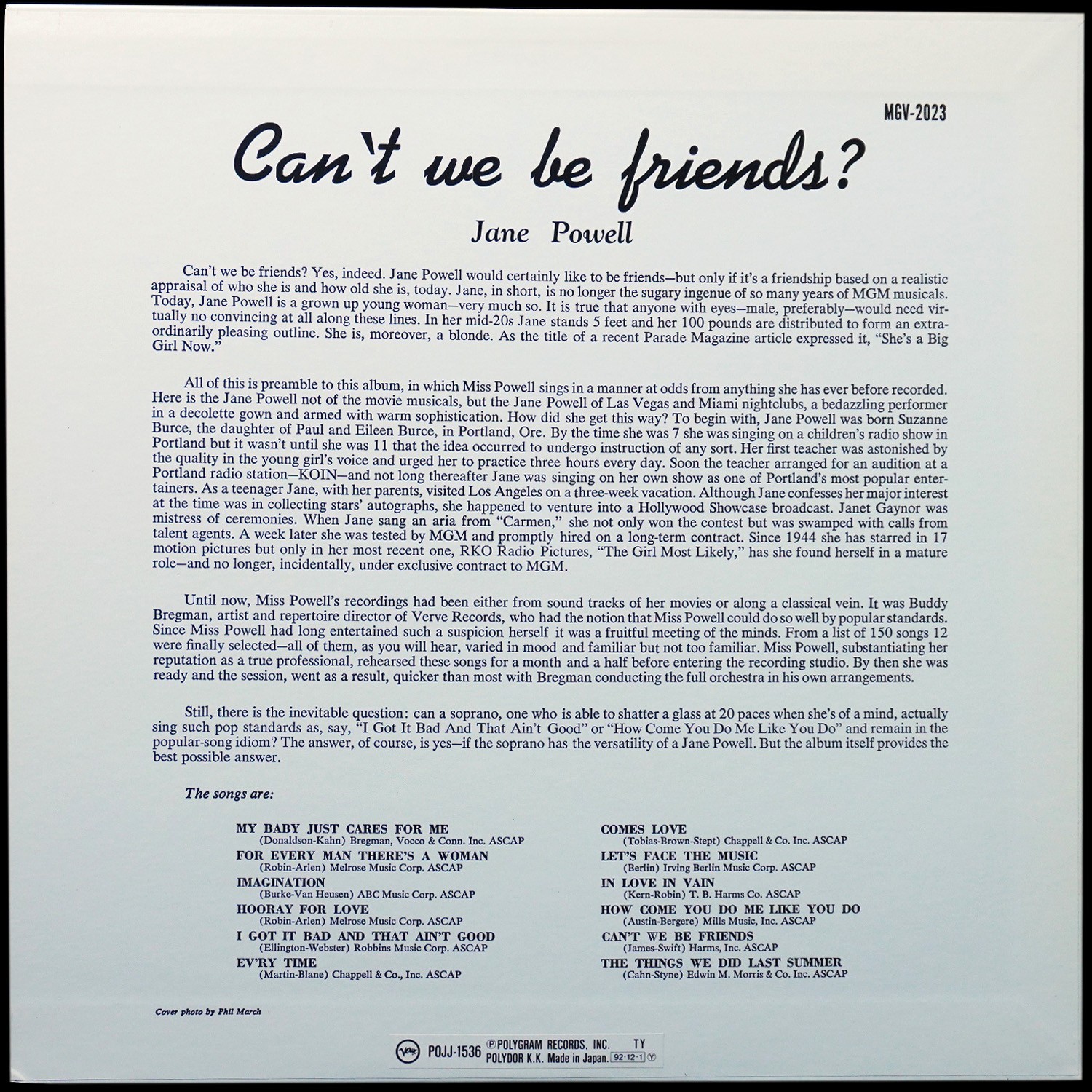 LP Jane Powell — Can't We Be Friends? (моно) фото 2