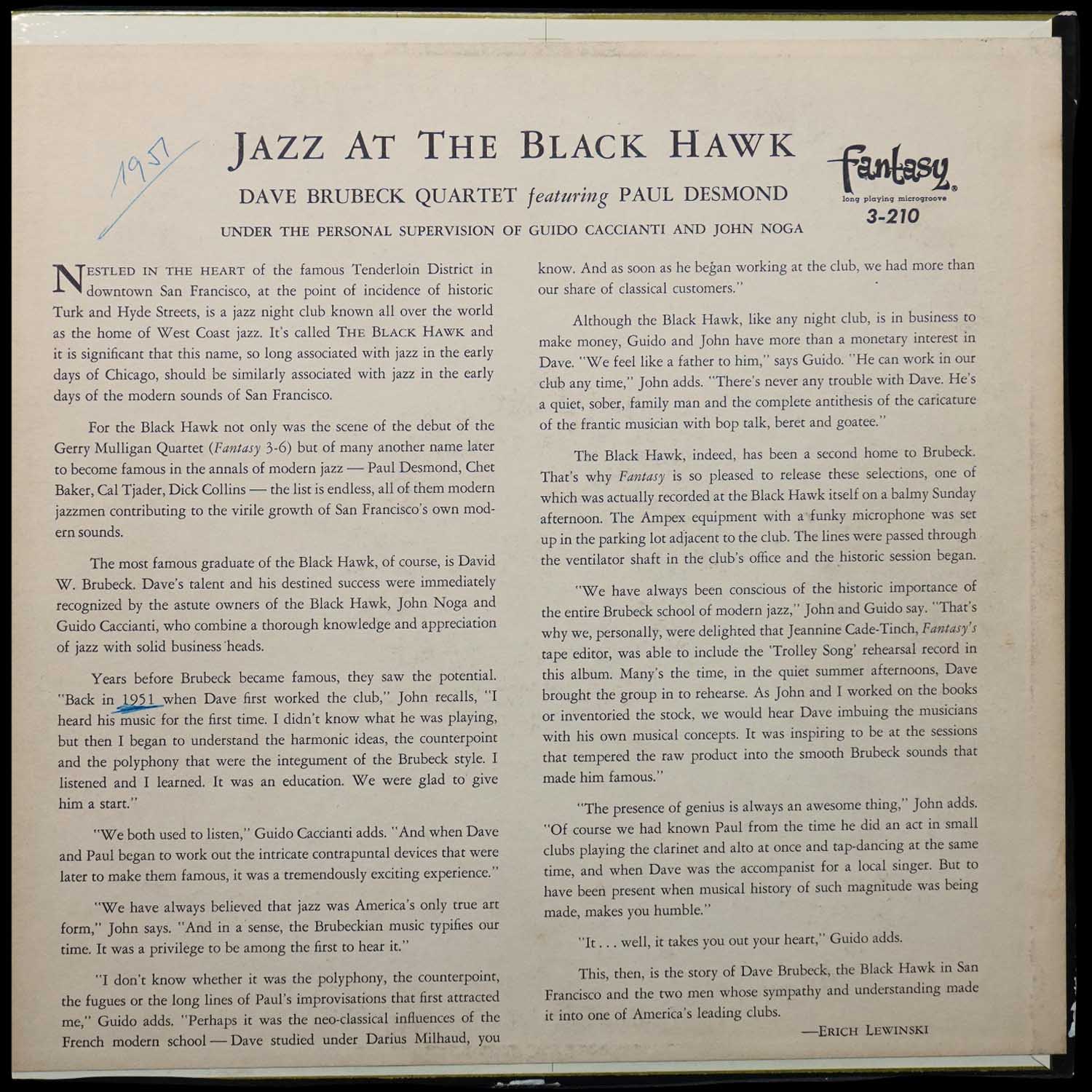 LP Dave Brubeck Quartet — Jazz At The Blackhawk (цветной винил, моно) фото 2