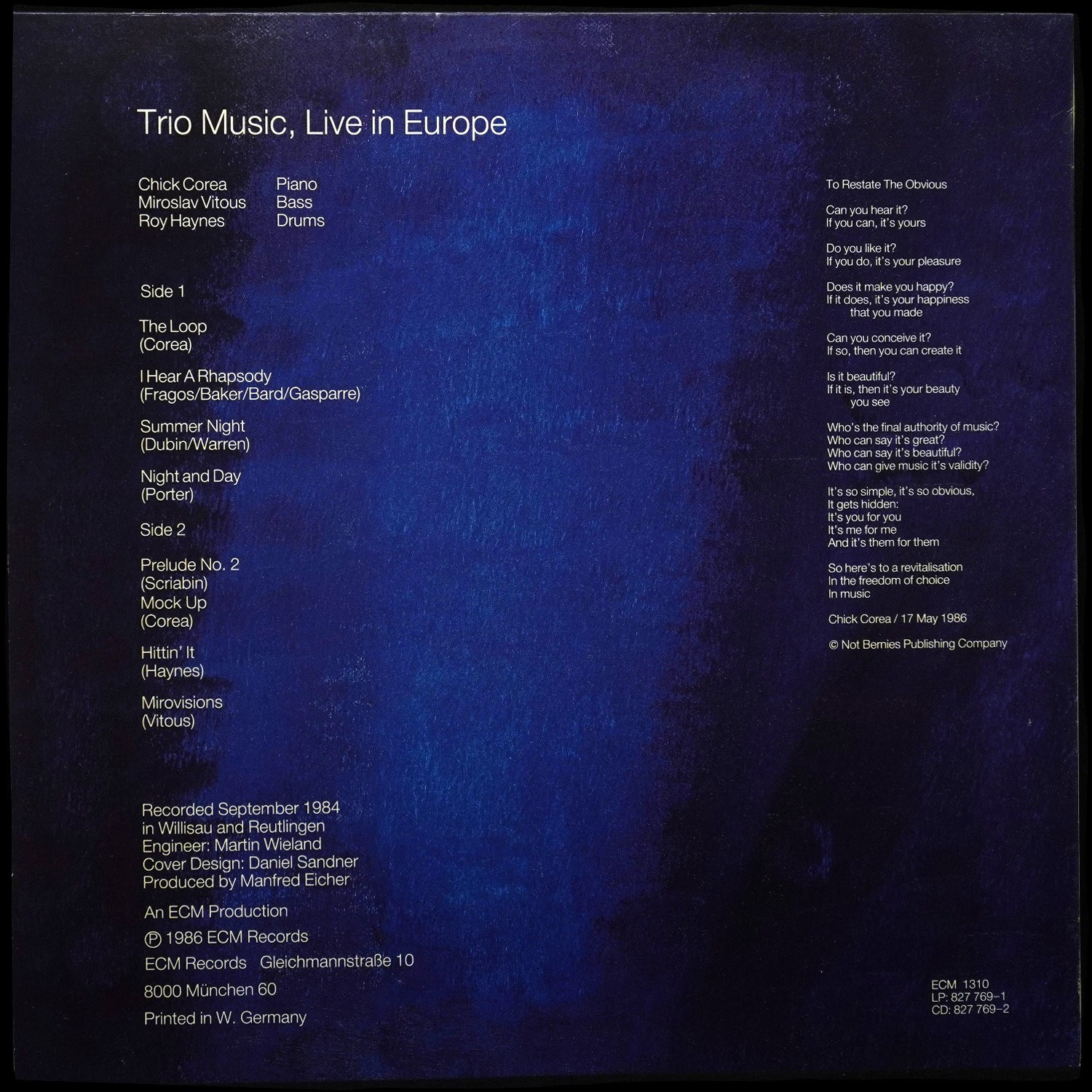 LP Chick Corea — Trio Music, Live In Europe фото 2