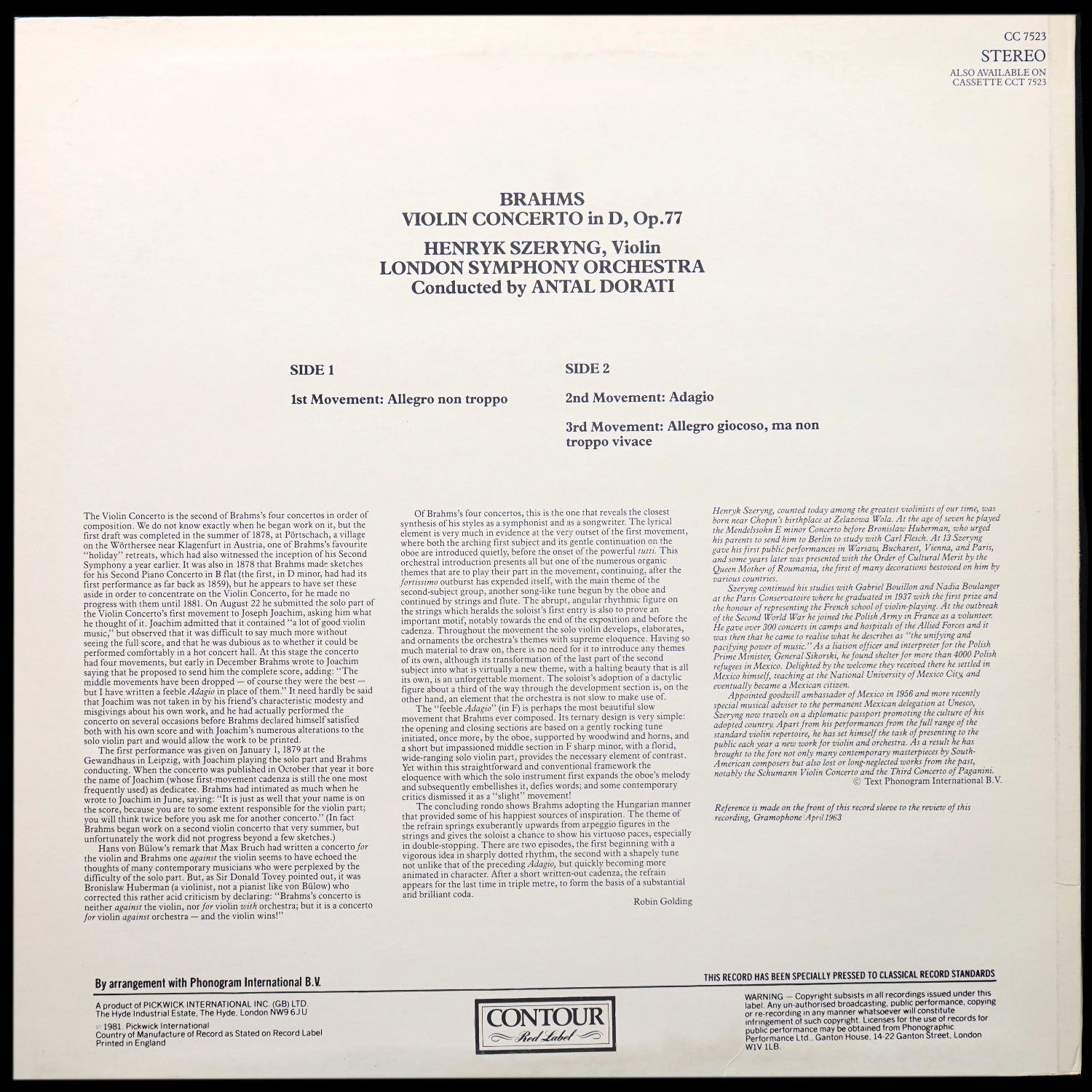 LP Henryk Szeryng — Brahms: Violin Concerto фото 2