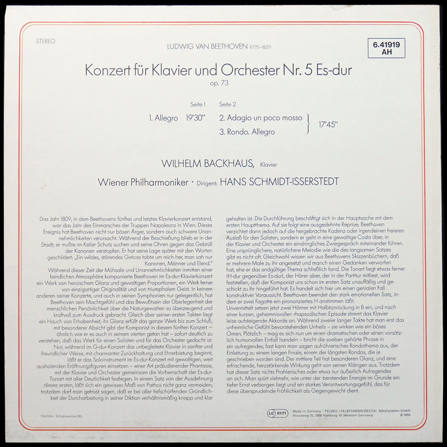 LP Hans Schmidt-Isserstedt — Klavierkonzert Nr. 5 Es-dur фото 2