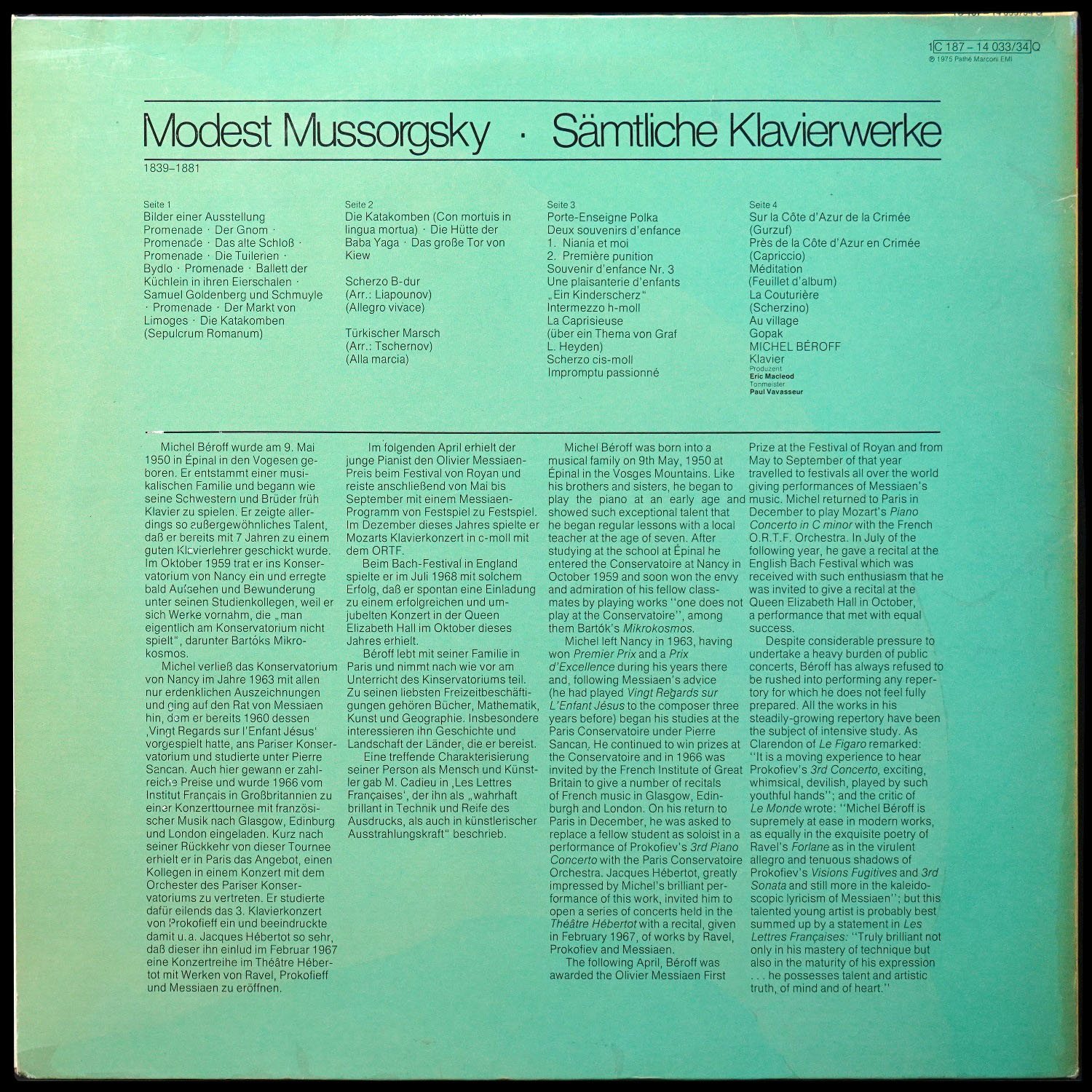 LP Michel Beroff — Mussorgsky: Bilder Einer Ausstellung Und Werke Fur Klavier (2LP) фото 2