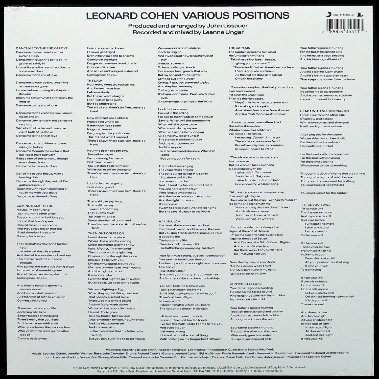 LP Leonard Cohen — Various Positions фото 2