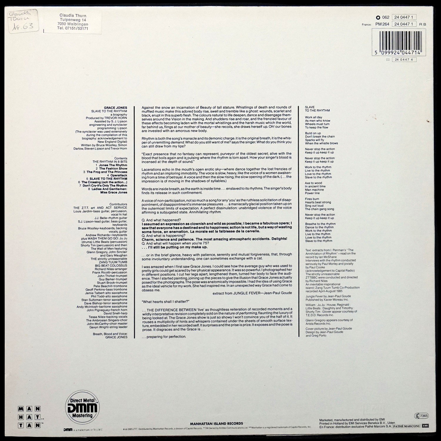 LP Grace Jones — Slave To The Rhythm фото 2