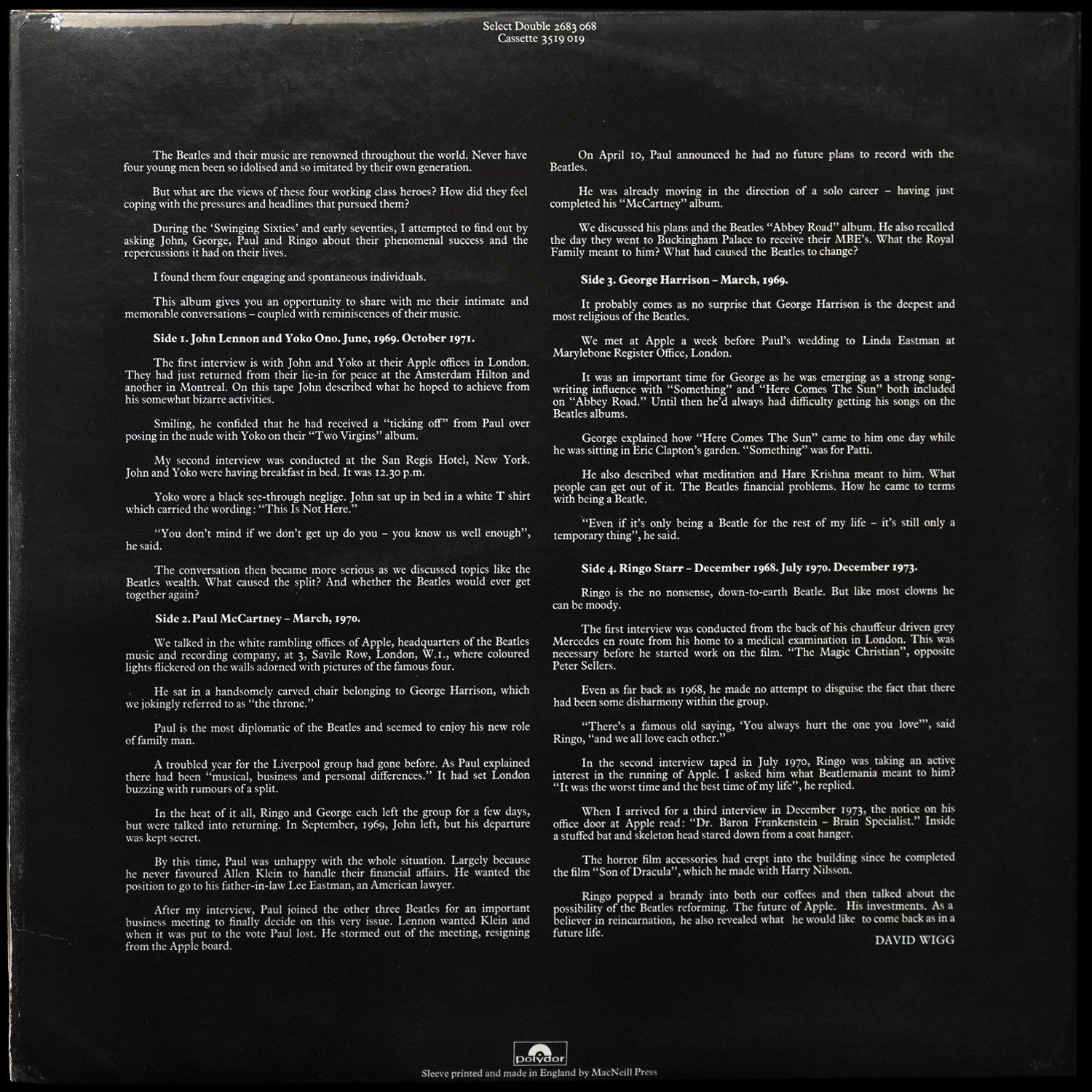 LP Beatles — Beatles Tapes From The David Wigg Interviews (2LP) фото 2