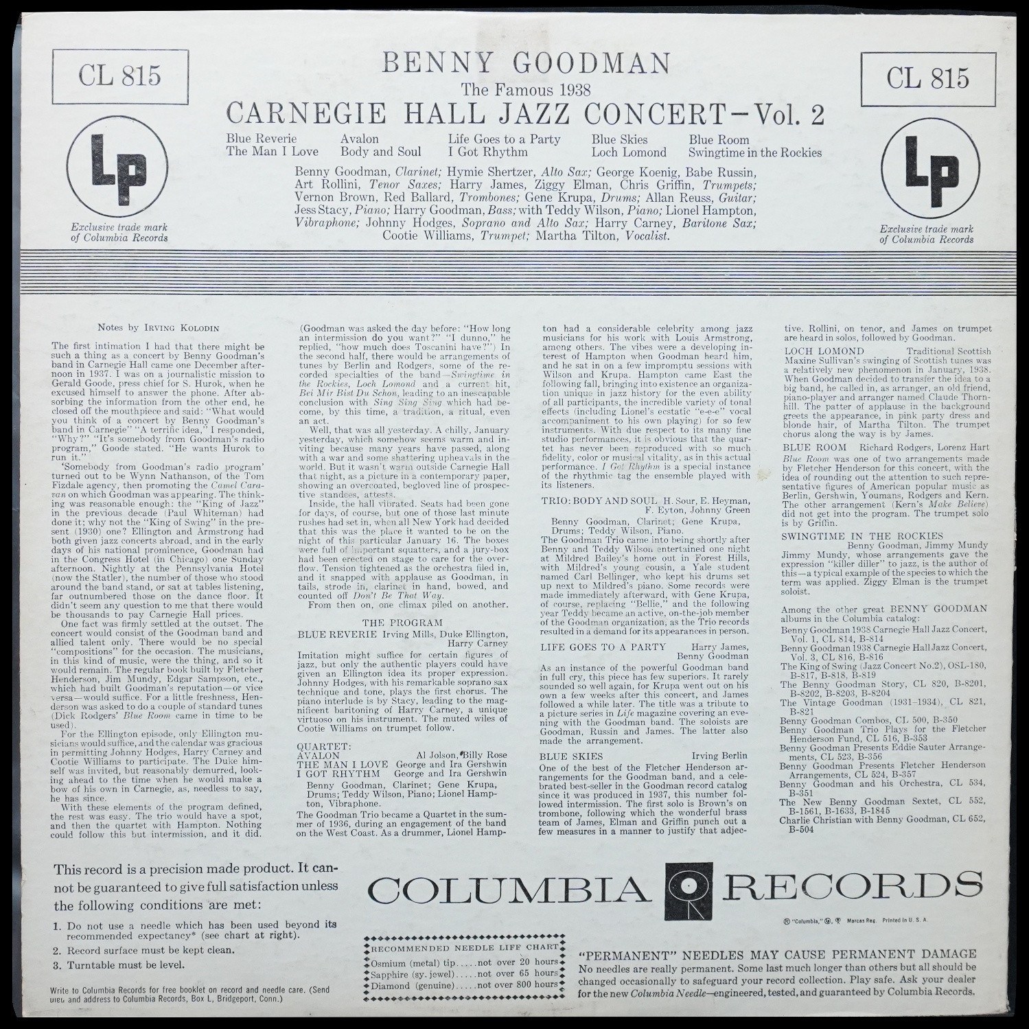 LP Benny Goodman — Famous 1938 Carnegie Hall Jazz Concert - Vol. 2 (моно) фото 2