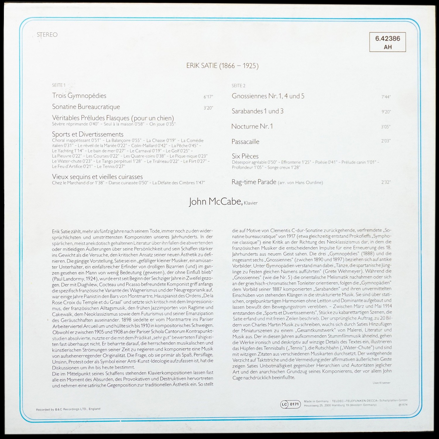 LP John McCabe — Erik Satie: Klavierwerke фото 2